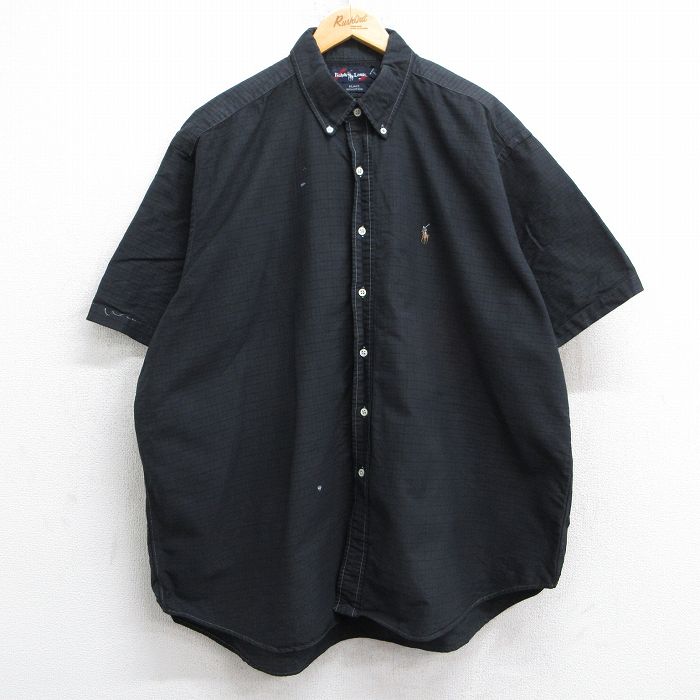 XL★古着 ラルフローレン Ralph Lauren 半袖 ブランド シャツ メンズ 90年代 90s ワンポイントロゴ BLAKE オックスフォード 大きいサイズ コットン ボタンダウン 黒 ブラック チェック 25jun09 中古 トップス