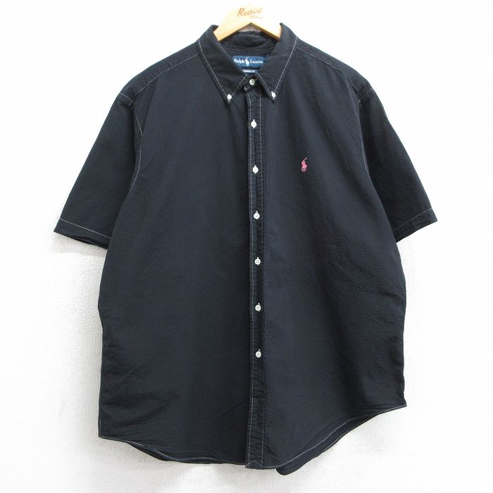 XL★古着 ラルフローレン Ralph Lauren 半袖 ブランド シャツ メンズ 90年代 90s ワンポイントロゴ シアサッカー 大きいサイズ コットン ボタンダウン 黒 ブラック 【spe】 25jun09 中古 トップス