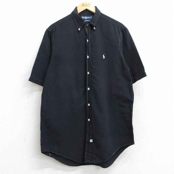 XL★古着 ラルフローレン Ralph Lauren 半袖 ブランド シャツ メンズ 90年代 90s ワンポイントロゴ ロング丈 コットン ボタンダウン 黒 ブラック 25jun09 中古 トップス