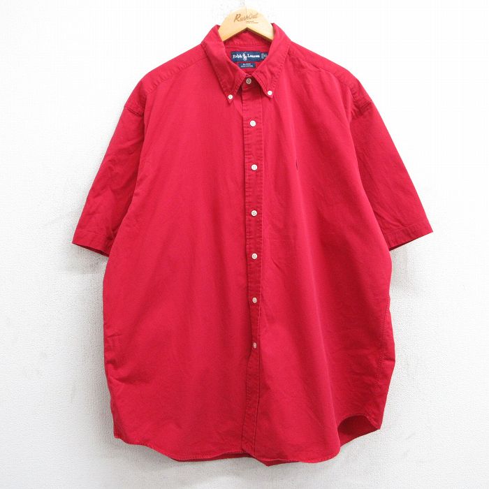 XL★古着 ラルフローレン Ralph Lauren 半袖 ブランド シャツ メンズ 90年代 90s ワンポイントロゴ BLAKE 大きいサイズ ロング丈 コットン ボタンダウン 赤 レッド 25jun09 中古 トップス