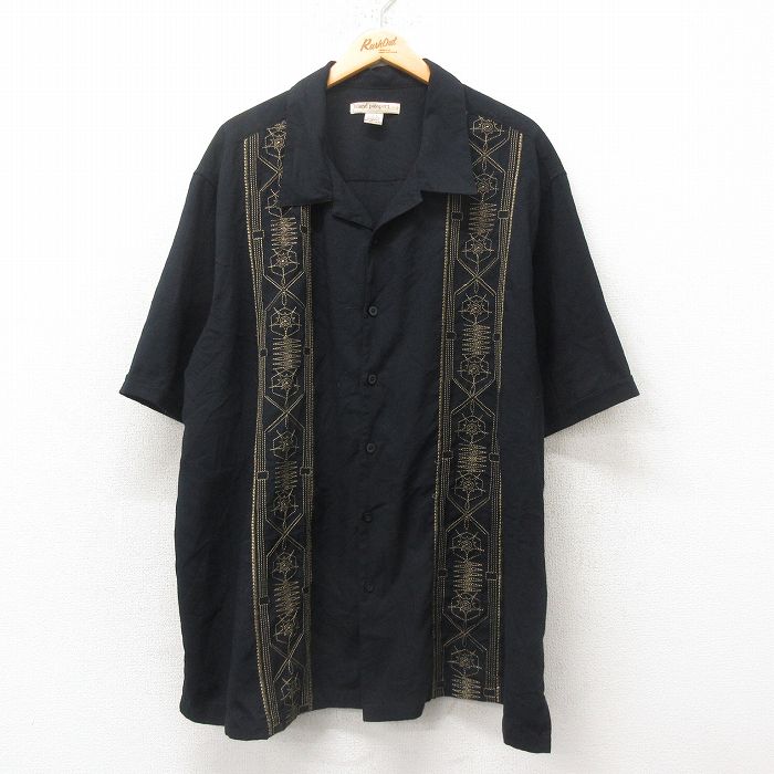 XL★古着 半袖 キューバ シャツ メンズ 刺繍 大きいサイズ 開襟 オープンカラー 黒 ブラック 25jun10 中古 トップス