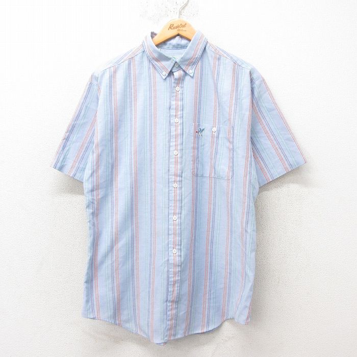 L★古着 半袖 シャツ メンズ 90年代 90s USA製 薄紺 ネイビー ストライプ 25jun10 中古 トップス