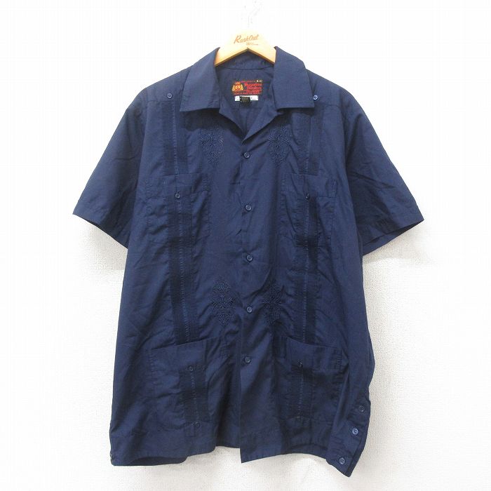 XL★古着 半袖 キューバ シャツ メンズ 00年代 00s 刺繍 大きいサイズ 開襟 オープンカラー 紺 ネイビー 25jun10 中古 トップス