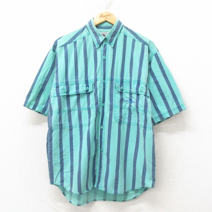 M★古着 半袖 シャツ メンズ 00年代 00s コットン 青緑 ストライプ 25jun10 中古 トップス