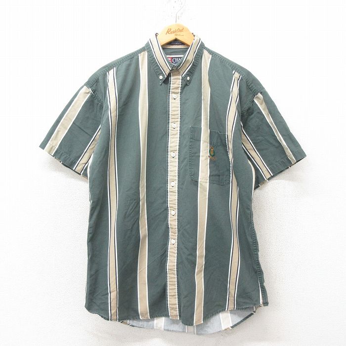 L★古着 ラルフローレン Ralph Lauren チャップス 半袖 ブランド シャツ メンズ 90年代 90s ワンポイントロゴ コットン ボタンダウン 緑 グリーン ストライプ 25jun10 中古 トップス