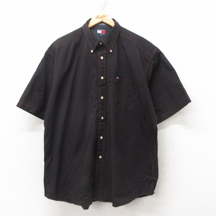 XL★古着 トミーヒルフィガー TOMMY HILFIGER 半袖 ブランド シャツ メンズ 90年代 90s ワンポイントロゴ 大きいサイズ コットン ボタンダウン 黒 ブラック 25jun10 中古 トップス