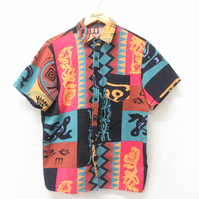 M★古着 半袖 シャツ メンズ ヘビ トカゲ 青緑 25jun10 中古 トップス