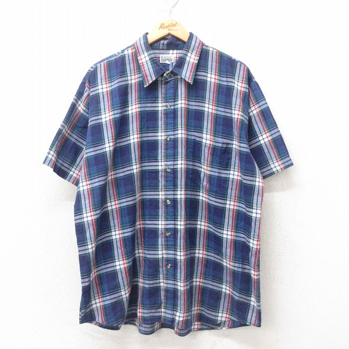 XL★古着 ベーシックエディションズ 半袖 シャツ メンズ 00年代 00s 大きいサイズ 紺 ネイビー チェック 25jun10 中古 トップス