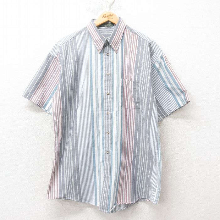 L★古着 半袖 シャツ メンズ ロング丈 マルチカラー ボタンダウン グレー他 ストライプ 25jun10 中古 トップス
