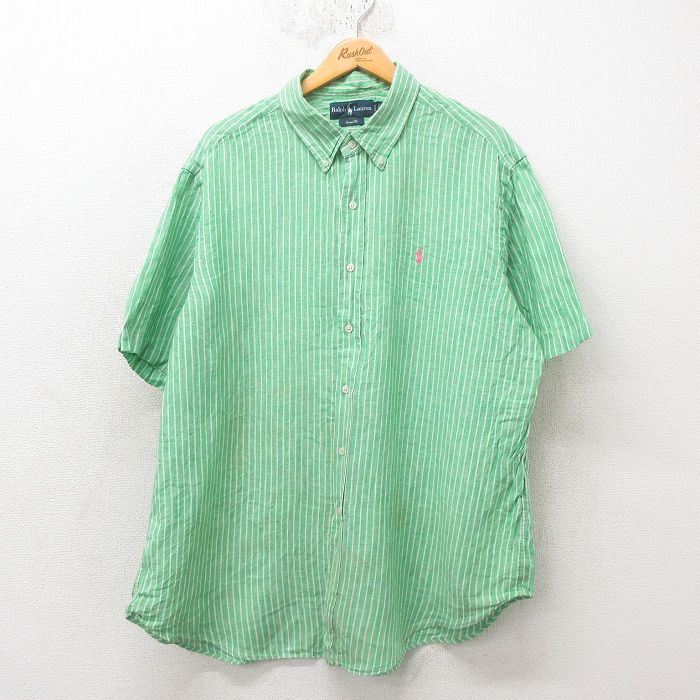 XL★古着 ラルフローレン Ralph Lauren 半袖 ブランド シャツ メンズ 90年代 90s ワンポイントロゴ 大きいサイズ ロング丈 リネン ボタンダウン 緑 グリーン ストライプ 25jun10 中古 トップス