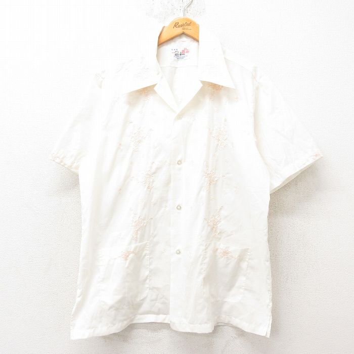 XL★古着 半袖 シャツ メンズ 70年代 70s 花 刺繍 開襟 オープンカラー 白 ホワイト 【spe】 25jun10 中古 トップス