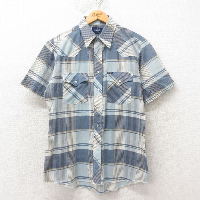 M★古着 ラングラー Wrangler 半袖 ウエスタン シャツ メンズ 80年代 80s 紺 ネイビー チェック 25jun10 中古 トップス