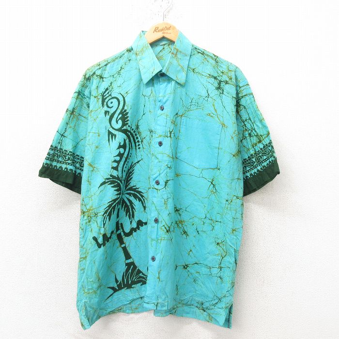 XL★古着 半袖 シャツ メンズ ヤシの木 水色 25jun10 中古 トップス