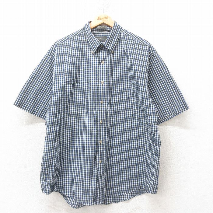 XL★古着 バンヒューセン 半袖 シャツ メンズ ボタンダウン 紺 ネイビー チェック 25jun10 中古 トップス