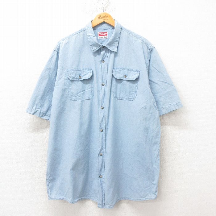 XL★古着 ラングラー Wrangler 半袖 シャツ メンズ 大きいサイズ ロング丈 コットン 薄紺 ネイビー 25jun10 中古 トップス