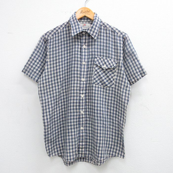 L★古着 フルーツオブザルーム 半袖 シャツ メンズ 70年代 70s 紺他 ネイビー チェック 25jun11 中古 トップス