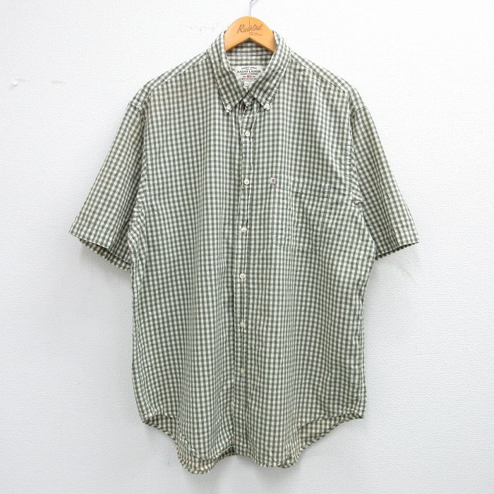 XL★古着 ラルフローレン Ralph Lauren 半袖 ブランド シャツ メンズ 大きいサイズ ロング丈 コットン ボタンダウン 緑他 グリーン チェック 25jun11 中古 トップス