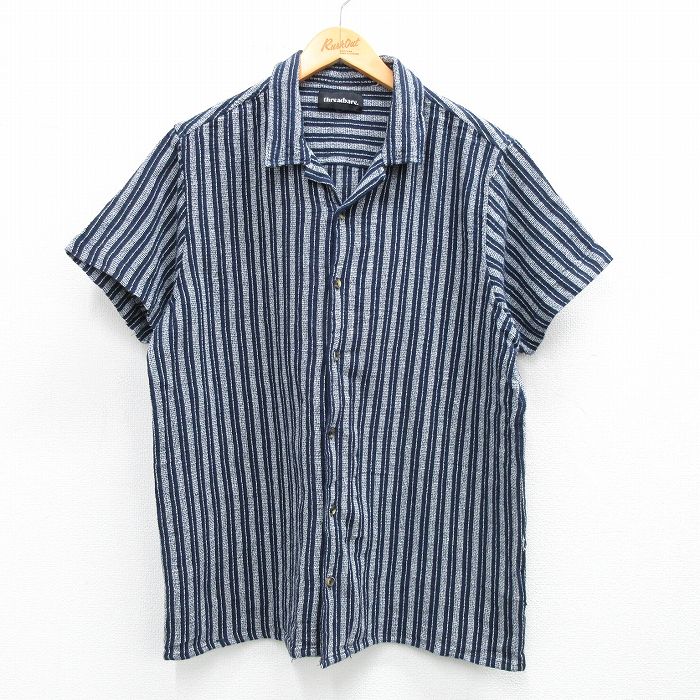 XL★古着 半袖 シャツ メンズ 開襟 オープンカラー 紺他 ネイビー ストライプ 25jun11 中古 トップス