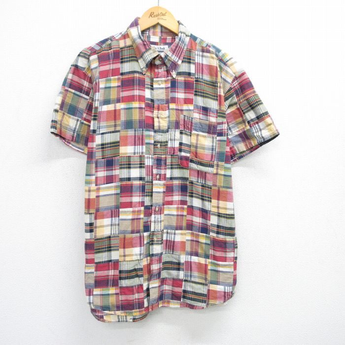 XL★古着 JOS A BANK 半袖 シャツ メンズ パッチワーク コットン ボタンダウン 赤他 レッド チェック 25jun14 中古 トップス