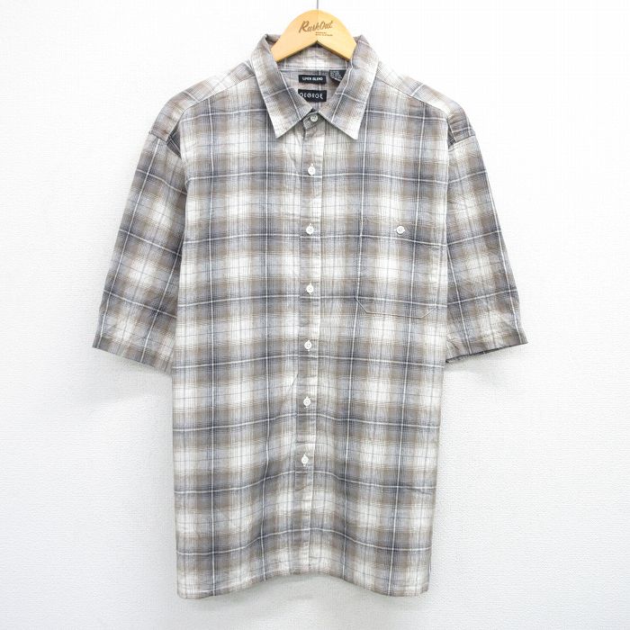 XL★古着 半袖 シャツ メンズ 大きいサイズ リネン 茶他 ブラウン チェック 25jun14 中古 トップス