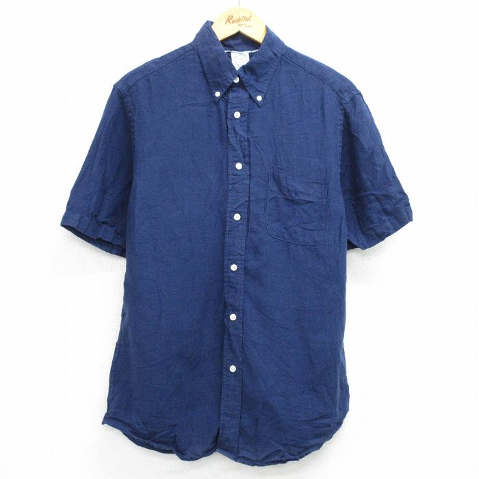 L★古着 ブルックスブラザーズ BROOKS BROTHERS 半袖 ブランド シャツ メンズ リネン ボタンダウン 紺 ネイビー 25jun14 中古 トップス