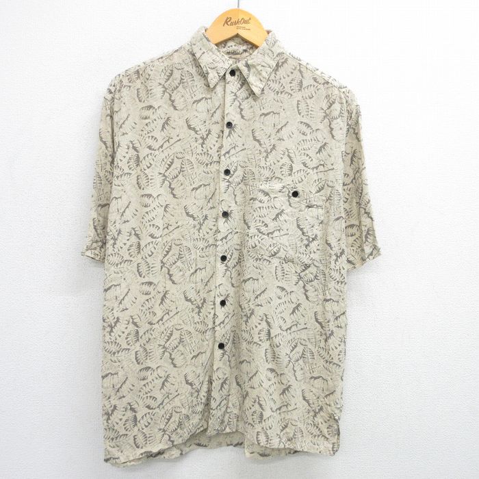 L★古着 半袖 シャツ メンズ 葉 総柄 シルク ベージュ他 カーキ 25jun14 中古 トップス
