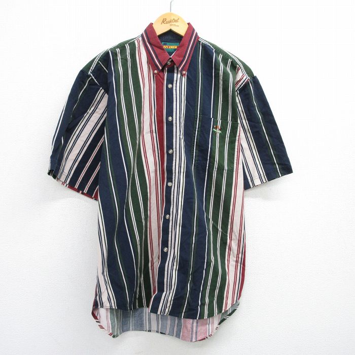 XL★古着 半袖 シャツ メンズ 90年代 90s コットン ボタンダウン 紺他 ネイビー ストライプ 25jun14 中古 トップス