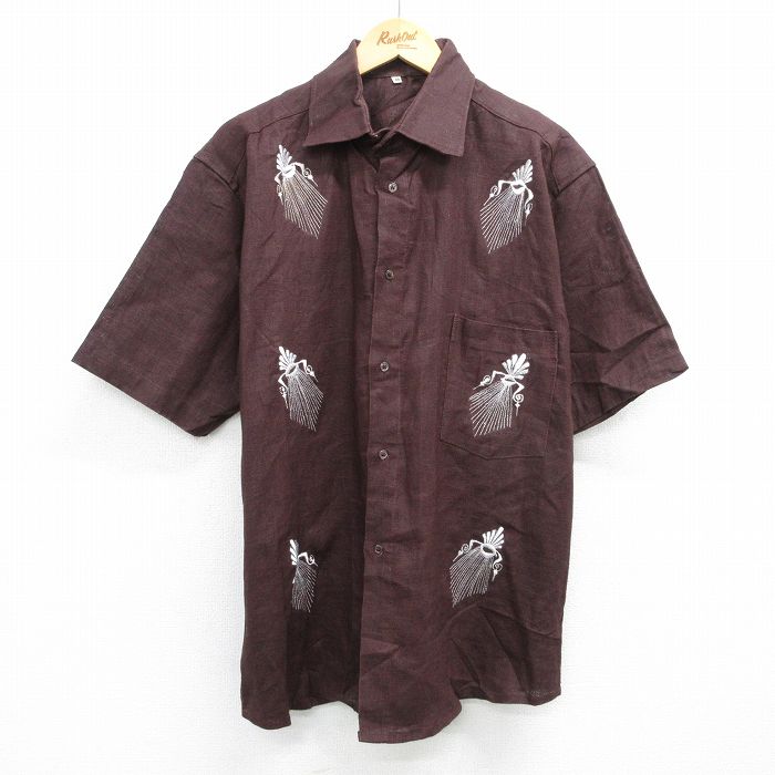 XL★古着 半袖 シャツ メンズ 90年代 90s 刺繍 茶 ブラウン 25jun14 中古 トップス