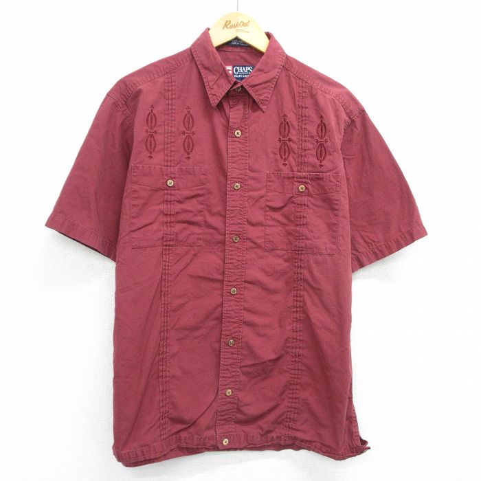 L★古着 ラルフローレン Ralph Lauren チャップス 半袖 ブランド シャツ メンズ 90年代 90s ワンポイントロゴ 刺繍 コットン エンジ 25jun14 中古 トップス