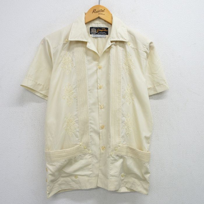 M★古着 半袖 キューバ シャツ メンズ 80年代 80s 刺繍 開襟 オープンカラー 生成り 25jun14 中古 トップス
