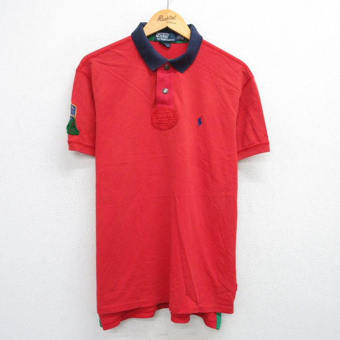 XL★古着 ラルフローレン Ralph Lauren 半袖 ブランド ラガー シャツ メンズ 90年代 90s ワンポイントロゴ インディアン 鹿の子 コットン 赤他 レッド 25jun14 中古 トップス