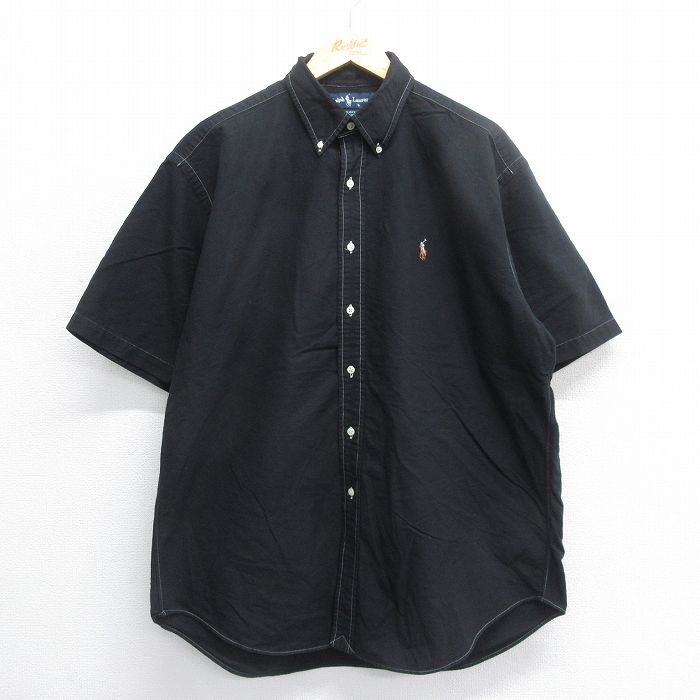 XL★古着 ラルフローレン Ralph Lauren 半袖 ブランド シャツ メンズ 90年代 90s ワンポイントロゴ オックスフォード ロング丈 コットン ボタンダウン 黒 ブラック 25jun14 中古 トップス