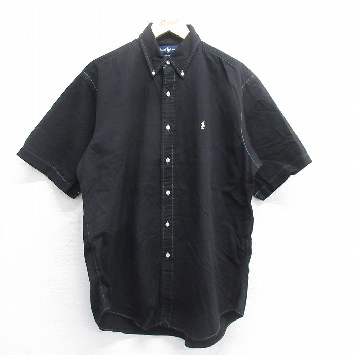XL★古着 ラルフローレン Ralph Lauren 半袖 ブランド シャツ メンズ 90年代 90s ワンポイントロゴ オックスフォード ロング丈 コットン ボタンダウン 黒 ブラック 25jun14 中古 トップス
