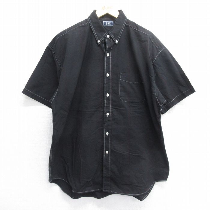 XL★古着 半袖 シャツ メンズ 90年代 90s 大きいサイズ ロング丈 コットン オックスフォード ボタンダウン 黒他 ブラック ストライプ 25jun14 中古 トップス