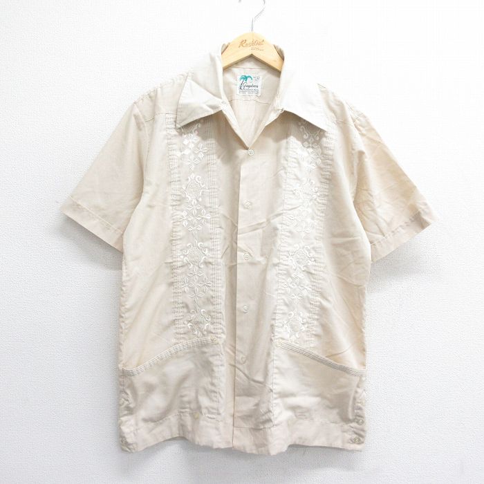 XL★古着 半袖 キューバ シャツ メンズ 90年代 90s 開襟 オープンカラー ベージュ他 カーキ 25jun14 中古 トップス