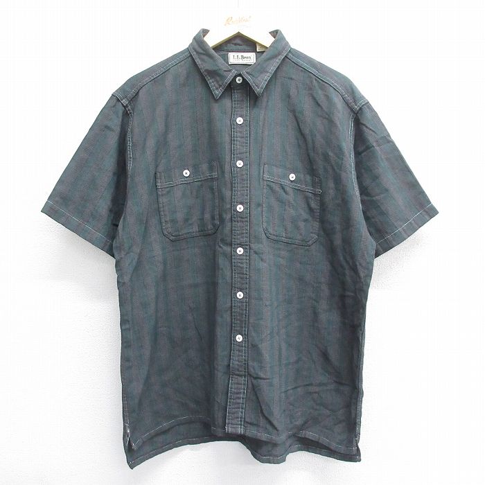 XL★古着 エルエルビーン LLBEAN 半袖 シャツ メンズ 90年代 90s COOL WEAVE コットン USA製 黒他 ブラック ストライプ 【spe】 25jun14 中古 トップス