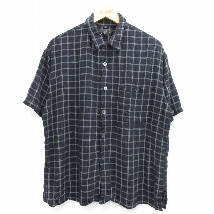 L★古着 半袖 シャツ メンズ レーヨン 黒他 ブラック チェック 25jun14 中古 トップス