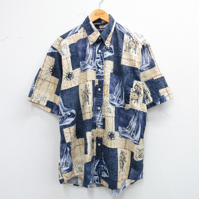 XL★古着 ノーティカ NAUTICA 半袖 ブランド シャツ メンズ 90年代 90s 船 総柄 コットン ボタンダウン 紺他 ネイビー 【spe】 25jun14 中古 トップス