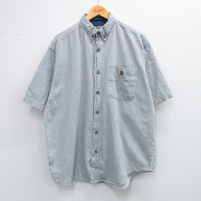 XL★古着 半袖 シャツ メンズ 90年代 90s ワンポイントロゴ 大きいサイズ コットン ボタンダウン 紺他 ネイビー ストライプ 25jun14 中古 トップス