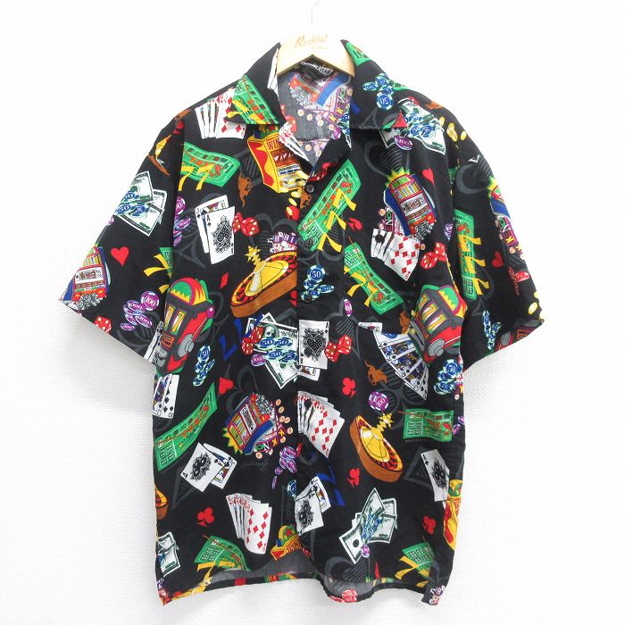XL★古着 半袖 シャツ メンズ 00年代 00s トランプ スロット 開襟 オープンカラー 黒他 ブラック 【spe】 25jun14 中古 トップス