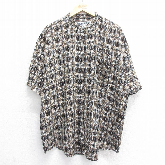 XL★古着 半袖 シャツ メンズ 総柄 大きいサイズ ロング丈 レーヨン ノーカラー 黒他 ブラック 25jun14 中古 トップス