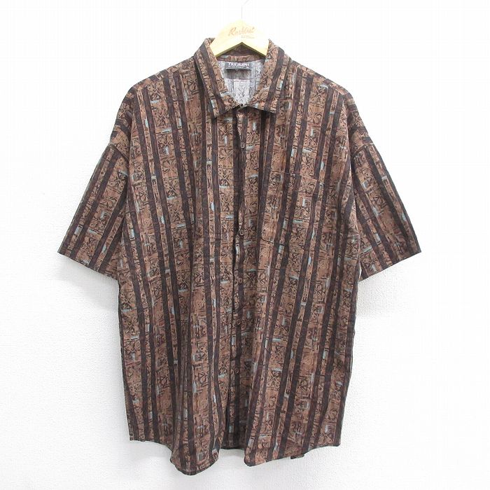 XL★古着 半袖 シャツ メンズ 90年代 90s 総柄 大きいサイズ USA製 茶他 ブラウン 25jun14 中古 トップス