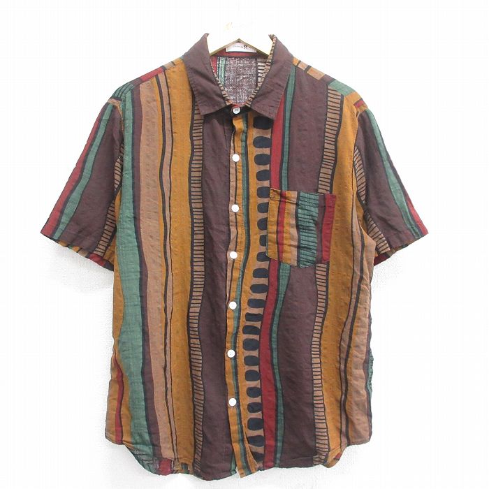 L★古着 半袖 シャツ メンズ 総柄 茶他 ブラウン 25jun14 中古 トップス