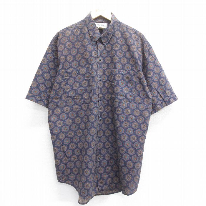 【20%OFF】XL★古着 半袖 シャツ メンズ 90年代 90s 総柄 ロング丈 コットン ボタンダウン 紺他 ネイビー 25jun14 中古 トップス