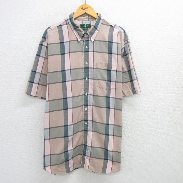 XL★古着 半袖 シャツ メンズ 90年代 90s 大きいサイズ ロング丈 コットン ボタンダウン ベージュ他 カーキ チェック 25jun16 中古 トップス