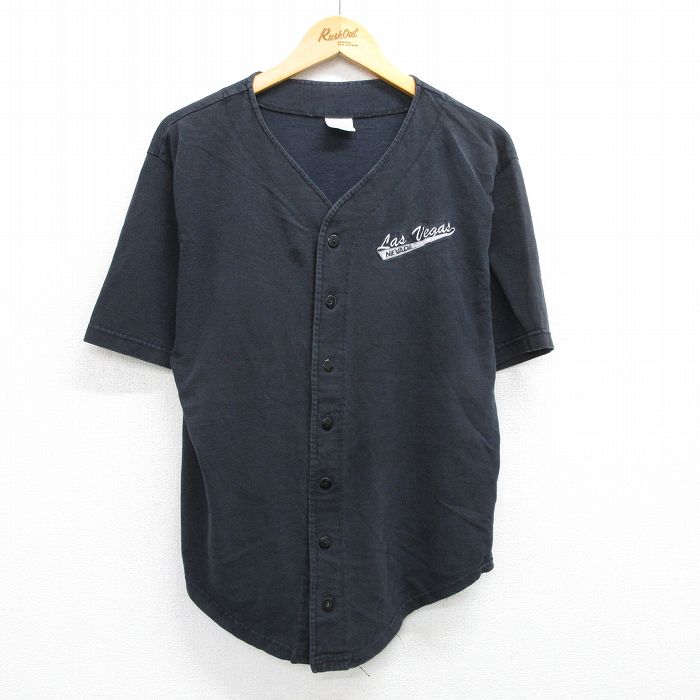 M★古着 半袖 ベースボール シャツ メンズ 90年代 90s ラスベガス コットン USA製 黒 ブラック 25jun16 中古 トップス