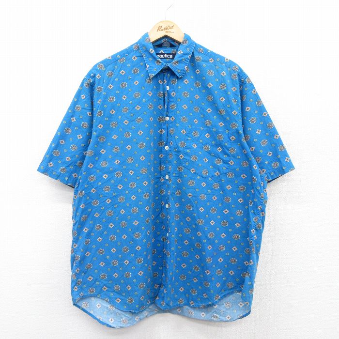 XL★古着 ノーティカ NAUTICA 半袖 ブランド シャツ メンズ 90年代 90s 総柄 大きいサイズ ロング丈 コットン 水色 25jun16 中古 トップス