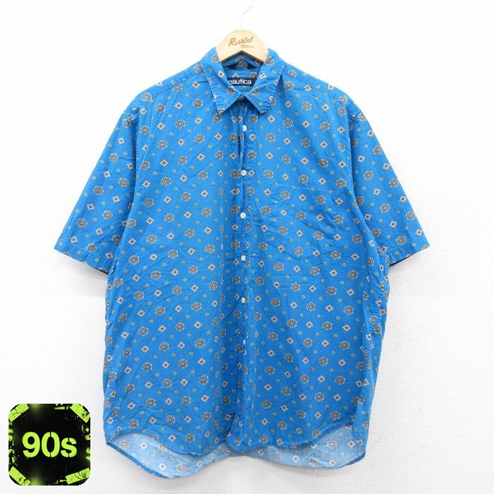 【50%OFF】ノーティカ 90s 半袖シャツ 総柄 ライトブルー XL | 古着