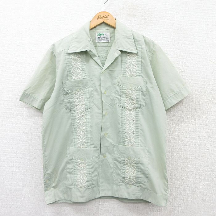 L★古着 半袖 キューバ シャツ メンズ 90年代 90s 刺繍 開襟 オープンカラー 薄緑系 グリーン 25jun16 中古 トップス