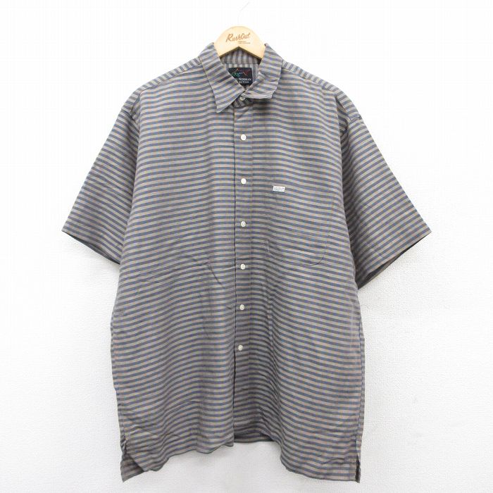 XL★古着 グレッグノーマン 半袖 シャツ メンズ 大きいサイズ ロング丈 リネン 紺他 ネイビー チェック 25jun16 中古 トップス